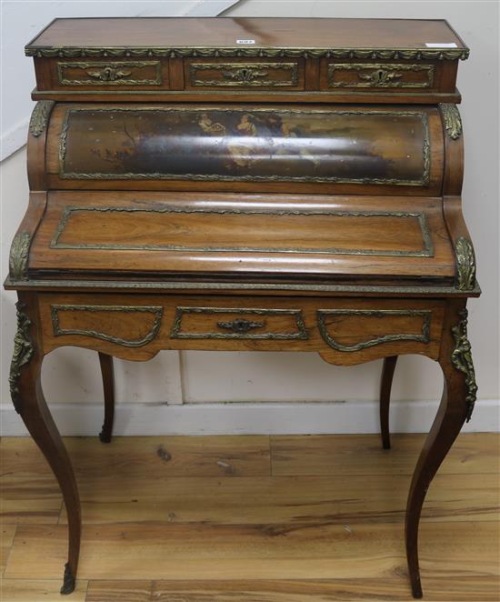 A Louis XV style kingwood bureau de dame with Vernis Martin style panel W.74cm